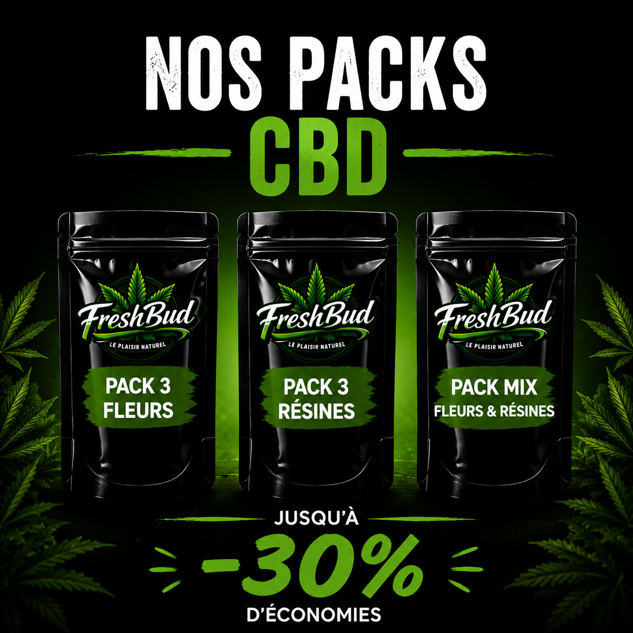 Packs CBD FreshBud : pack fleurs CBD, pack résines CBD et pack mix CBD premium avec jusqu'à 30 % de réduction